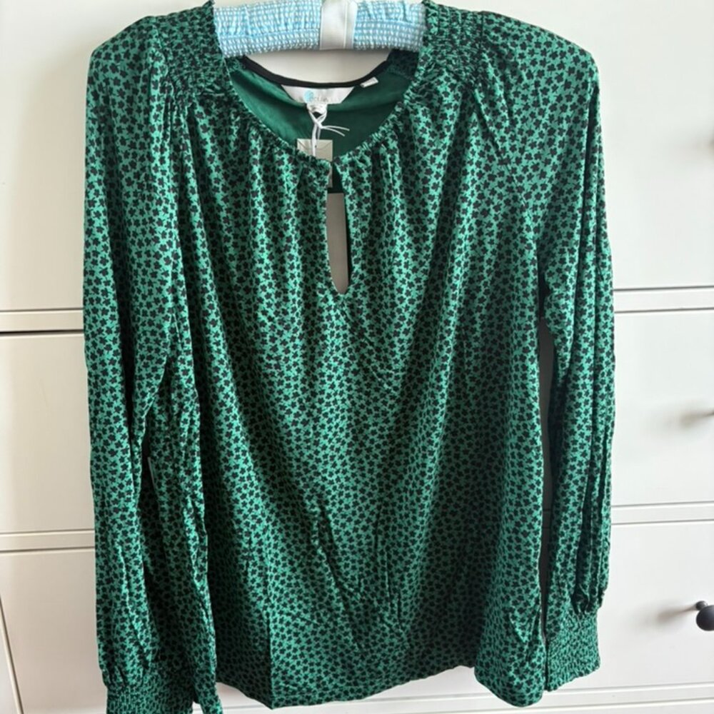 NWT - BODEN - GREEN & BLACK FLORAL PRINT - JERSEY BLOUSE - 6